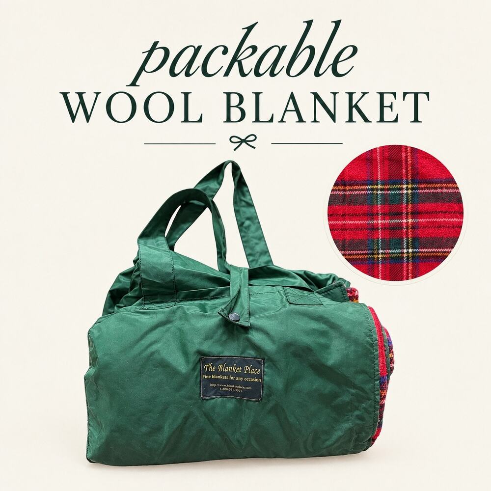 The Blanket Place Wool Red Tartan Plaid & Green Nylon Packable Blanket Gorpcore